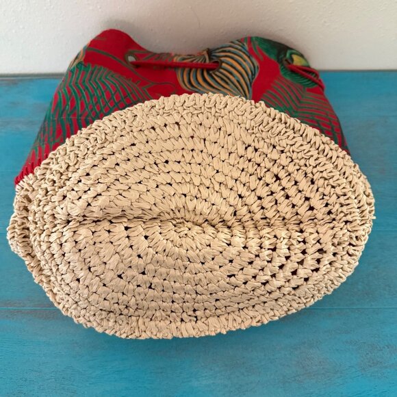 Roxy Tropical Print Red Canvas & Straw Bucket Bag Crossbody NWOT - Picture 8 of 9